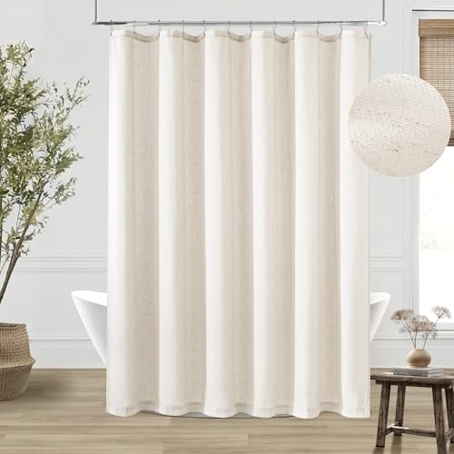 DUKIYO Cream Linen Shower Curtain for Bathroom Water Repellent 72x72 Inch - Natural Neutral, Boho Farmhouse Aesthetic, Shower Curtains, Bath, Sheer, Cloth Fabric, Drapes with Hooks Sets, 72 x 72 Inches