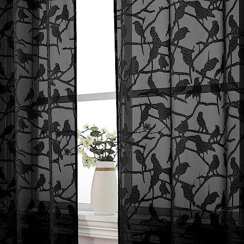 OVZME Anji Bird Black Sheer Curtains 45 Inches Long for Small Window Light Filtering Cafe Curtains Rod Pocket Short Window Drapes for Kitchen 38 x 45 Inches 2 Pack