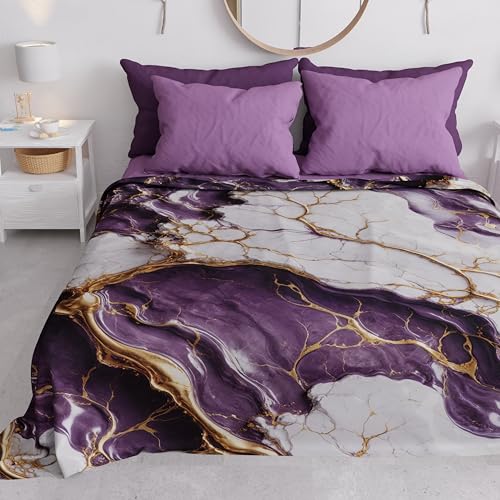 PETTI Artigiani Italiani - Spring-Summer Double Bedspread Light Blanket Queen Size Bed Sheets Purple Marble 100% Made in Italy