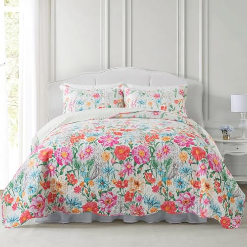 NEWLAKE Quilt Bedspread Sets, Dreamy Flowers Reversible Coverlet Comforter Cover, Queen Size