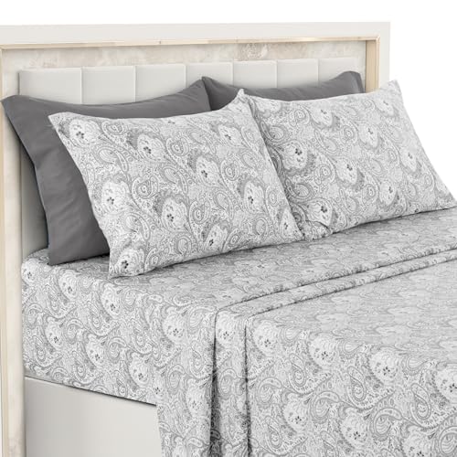 LDC LUX DECOR COLLECTION Super Soft Microfiber Paisley Wrinkle Free Sheets, Easy Care Boho Style 6 Piece Bed Sheets Set, 16-Inch Deep Pockets - Juegos De Sabanas, Oeko-TEX - White/Grey - Queen