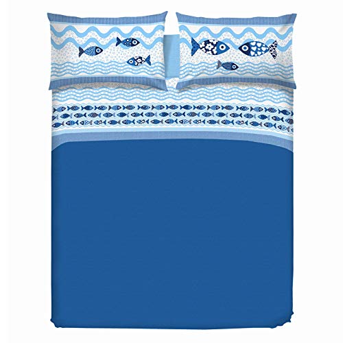 PENSIERI DELICATI Double Bed Sheet Set, 100% Cotton, 180 x 200 cm, Includes Bottom Sheet, Top Sheet and 2 Pillowcases, Made in Italy, Blue Fish Pattern