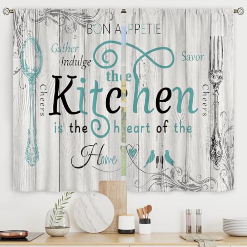 "Teal Black Short Small Rustic Country Fork Spoon Kitchen Curtains over Sink - 27.5""W x 39""L Farmhouse Wooden colorfast print, 2 panels, rod pocket, easy to install,easy-care and washable."