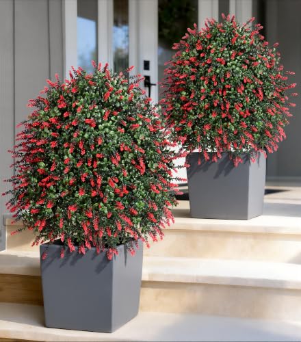 26'' Artificial Boxwood Topiary Trees with Lavender Flowers 2 Pack Fake Plants for Outdoor Indoor Artificial Shrubs with Metal Ground Spike UV Resistant Fake Bushes for Front Porch Garden, Red