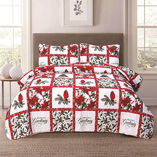 HowPlum Christmas Holiday Full/Queen Lightweight Patchwork Quilt Bedding Set Mistletoe Cardinal Poinsettia Holly Red Green White