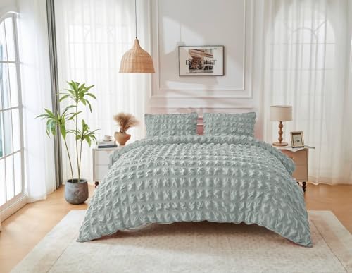 GC GAVENO CAVAILIA Seersucker Duvet Cover Sets - 3Piece Microfiber Grey Bedding Duvet Cover Double & Pillow Cases - Breathable & Super Soft Bed Quilt Covers Set Button Closure, 200x200 Cm