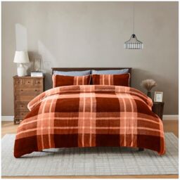 GC GAVENO CAVAILIA Fleece Bedding King Size Duvet Set - Faux Fur Teddy Duvet Cover with Pillow Cases - Warm, Soft Geometric Bedding & Linen - Breathable Fluffy Quilt Covers - (230x220), Terracotta