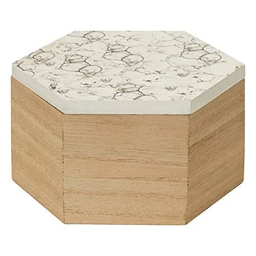 Premier Housewares Hexagonal Trinket Box with White Marble Effect Lid-Elegant Decorative Storage Box-Spacious Wooden Trinket Box With Natural Base For Stylish Homes