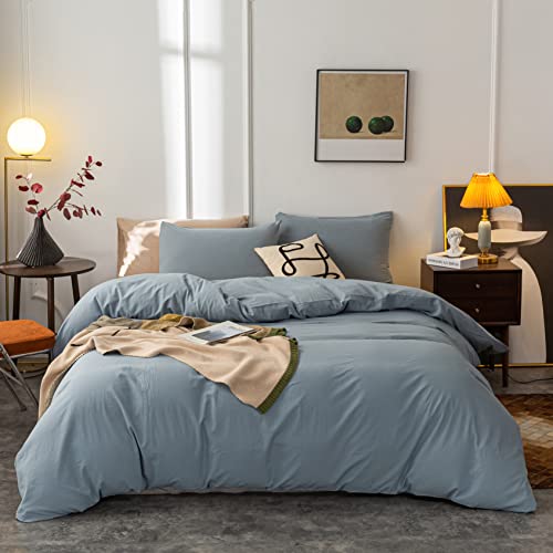Janlive Washed Cotton Duvet Cover Oueen Ultra Soft 100% Cotton Solid Color Grayish Blue Duvet Cover Set with Zipper Closure -3 Pieces Grayish Blue Queen