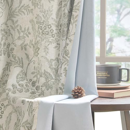 Lazzzy Linen Curtains Farmhouse Green Floral Print Curtains 63 Inches Long Back Tab Drapes for Living Room Bedroom Semi Sheer Country Vintage Curtains 3 Panels Set Rod Pocket Purple Gray on Beige