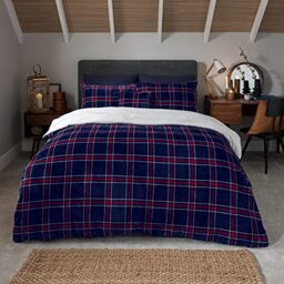 Sleepdown Check Printed Flannel Fleece With Sherpa Reverse Thermal Warm Cosy Super Soft Duvet Cover Quilt Bedding Set with Pillow Cases - King (220cm x 230cm) - Navy, 5056242827481