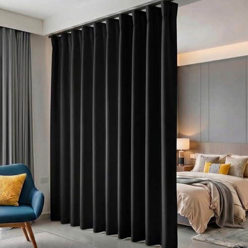 "Hoeflife Room Divider Blackout Curtains with Hooks, Soundproof Floor Length Curtains, Perfect for Ceiling Mounting Rails, Wall Divider for Room Separation, Black, 100""W x 84""L"