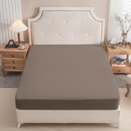 "PURE ERA Jersey Knit Cotton Fitted Bottom Sheet ONLY (No Flat Sheet or Pillow Cases) Extra Deep Pocket Up to 15"" to 20"" Ultra Soft Comfy Breathable Solid Brown Queen"