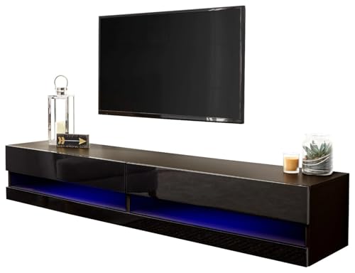 GFW Galicia Wall Mounted High Gloss Featuring A LED Downlight, This Floating TV Unit Console & Television Stand for Living Entertainment Room with Storage Shelves, Engineered Wood, Black, 180cm