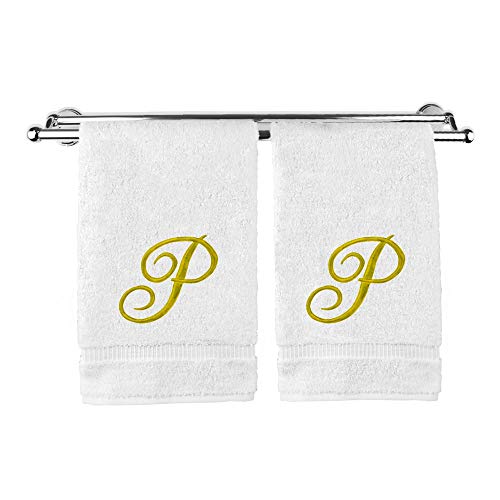 Monogrammed Hand Towel, Personalized Gift, 16 x 30 Inches - Set of 2 - Gold Embroidered Towel - Extra Absorbent 100% Turkish Cotton- Soft Terry Finish - for Bathroom, Kitchen and Spa- Script P White