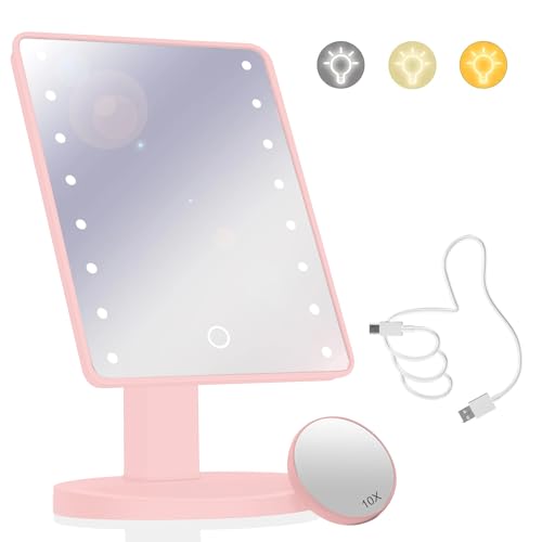 Makeup Vanity Mirror with Lights and 22 LED Lighted Makeup Mirror, Detachable 10X Magnification, Adjustable Dimming Touch Sensor, Dual Power Supply, 270° Rotation, Portable Cosmetic Mirror - Pink