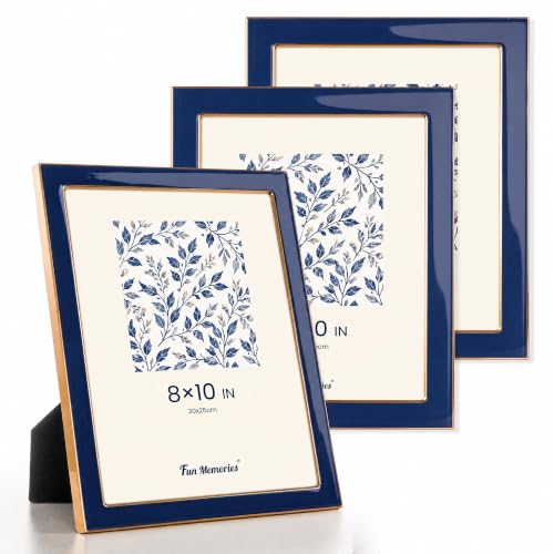 Fun Memories 8x10 Picture Frame - 3pcs Navy Blue Enamel Glass Photo Frame with Gold Metal Edge & Easel for Display Picture Frame on Countertops, Tabletops, Bookshelves, Desks, Walls (Navy/Gold)