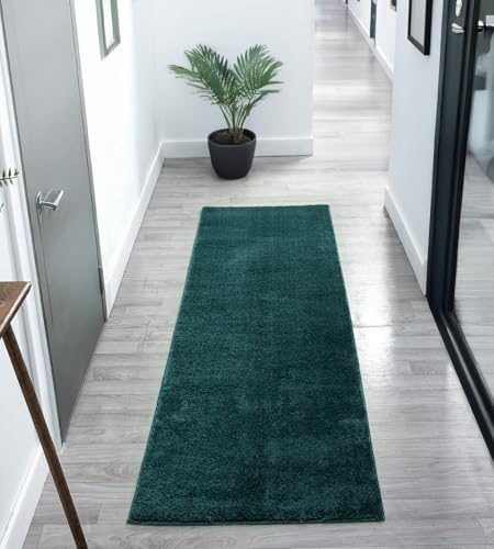 Rugs by Desire Comfy Washable Modern Living Room Rug Polyester Plain Indoor Area Rug with Low Pile - Anti-Slip Felt Backing SuperSoft Carpet Bedroom-Hallway, Emerald, 60x200 cm