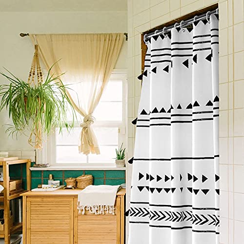 Uphome Extra Long Fabric Shower Curtain for Bathroom, Black and White Boho Shower Curtain Set Chic Triangle Geometric Tassel Cloth Bath Curtains, Waterproof Machine Washable for Modern Bathtub 72x84