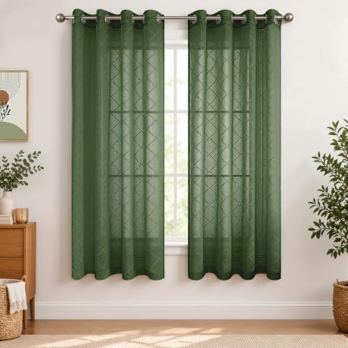 Olive Green Grommet Diamond Linen Look Sheer Curtains 52x63 Inch Length