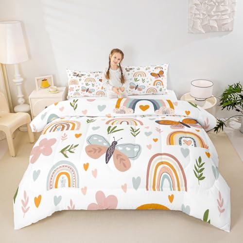 Boho Rainbow Comforter Set Queen Size Cute Butterfly Bedding Set 3Pcs for Kids Girls Boys Adult Room Decor Cartoon Love Heart Palm Leaves Quilt Set Animals Botanical Duvet Insert,2 Pillowcase