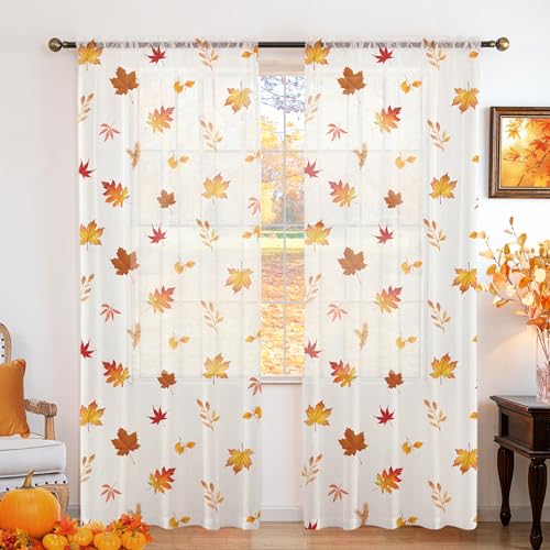 "youleyar Fall Sheer Curtains for Living Room 72 Inches Long 2 Panels Orange Semi-Sheer Curtain with Maple Leaves Printed Pattern Fall Rod Pocket Voile Drapes for Bedroom, 52"" W x 72"" L"