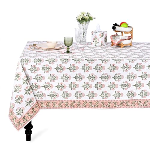 "Ridhi Mughal Buta Peach Hand Block Print Cotton Rectangle Tablecloth 102"" x 48"" inches Reusable Table Cover Decorative Everyday Use for Dining Room, Farmhouse, Home Gift for Spring, Mother's Day"