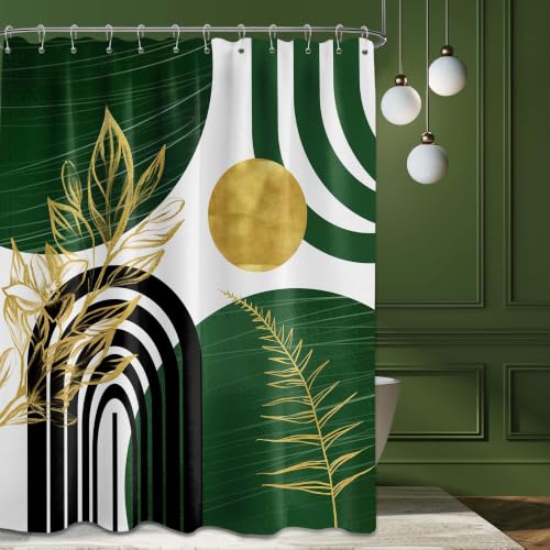 "QGHOT Olive Green and Gold Shower Curtain Modern, Boho Mid Century Shower Curtains for Bathroom Decor MCM Minimalist Leaf Simple Bath Curtain Set, Waterproof Fabric, 70"" W x 78"" L"