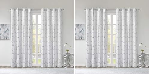 Intelligent Design Raina Total Blackout Metallic Print Grommet Top Single Curtain Panel Thermal Insulated Light Blocking Drape for Bedroom Living Room and Dorm, 50x84, White/Silver 1 Piece (Pack of 2)