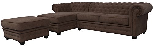 Sofas and More Chesterfield Style Corner Sofa Set 3+2 Seater Armchair Brown Fabric (Left Hand Corner With Footstool)