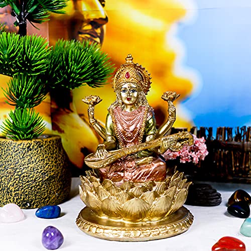 "BangBangDa Hindu Goddess Lord Saraswati Statue - 6.3"" H Indian Idol Saraswati Sitting on Lotus Sculpture India God Figurine Home Mandir Temple Altar Yoga Decor Diwali Pooja Gifts"