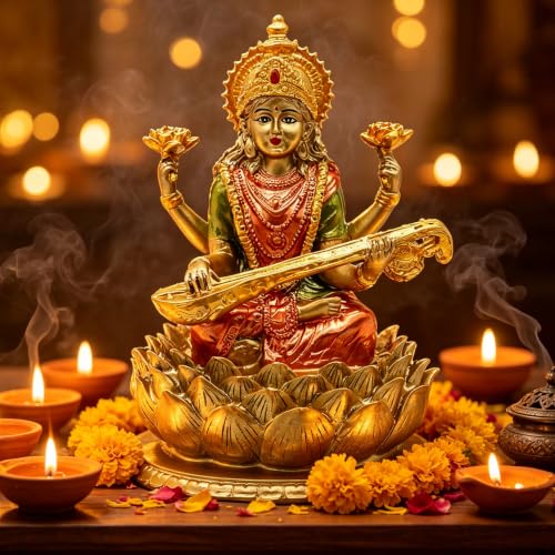 "Hindu Goddess Lord Saraswati Statue - 6.3""H Indian Idol Saraswati Sitting on Lotus Sculpture India God Figurine Home Mandir Temple Altar Yoga Decor Diwali Pooja Gifts"