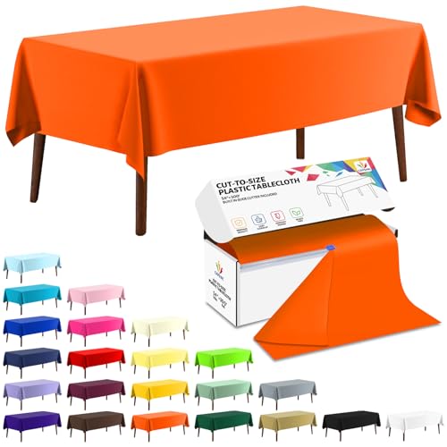 CXPSINC 54 Inch X 300 Feet Plastic Table Cover Roll Disposable Tablecloth with Slide Cutter for All Type/Shape Tables - Party, Banquet, Birthdays, Weddings(Orange, 300 Feet