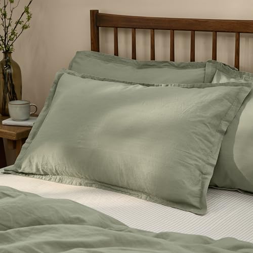 Yard Hebden Washed Cotton Pillowcase Pair – Soft Relaxed Percale Minimalist Pillow Covers (Bay Green – 75x50cm)