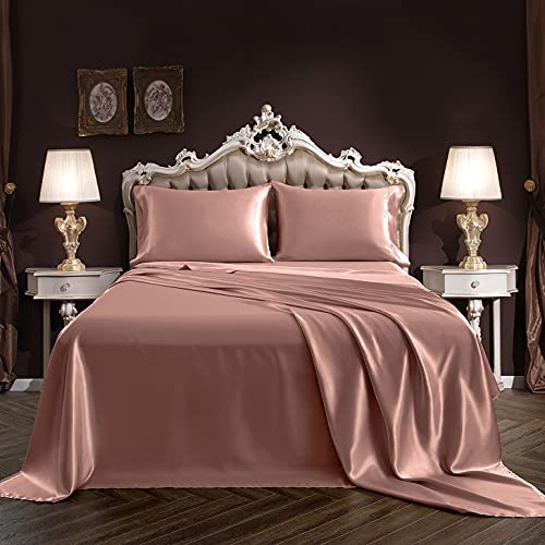 SiinvdaBZX 4Pcs Champagne Satin Bedding Sheet Set Queen Size, Ultra Silky Soft Satin Bed Sheets with Deep Pocket, 1 Fitted Sheet, 1 Flat Sheet, 2 Envelope Closure Pillowcases