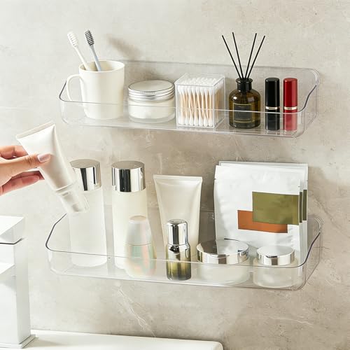 ASelected 2Pcs Acrylic Shower Caddy, Wall Mounted Bathroom Shelves No Drilling Adhesive Shower Shelf for Bathroom and Kitchen,Clear Plastic Storage (32.2 x 11 x 8.8 Cm)
