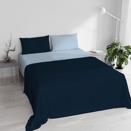 Double Bed Sheet Set, 100% Natural Cotton, Made in Italy – Complete Bed Set, Fitted Sheet, Top Sheet 240 x 300 cm and Pillowcases with Inner Flap, Dark Blue/Light Blue