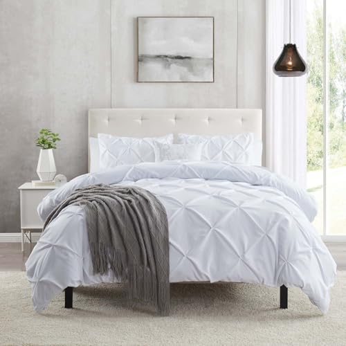 White Duvet Cover Twin Size 2 Piece Pintuck Comforter Cover - 1 Duvet Cover 68x90 Button Closure with 1 Pillow Sham - Ultra Soft Microfiber Bedding Pinch Pleated White Twin Duvet Cover Set
