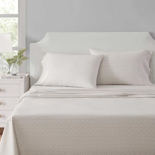 Martha Stewart - Twin Size Sheets Set, Crisp & Tailored Cooling Sheets w/a Naturally Smooth Cotton Percale Lightweight Feel - Bed Sheets with Matching Pillowcase & Fitted Sheet (Leaves Beige)