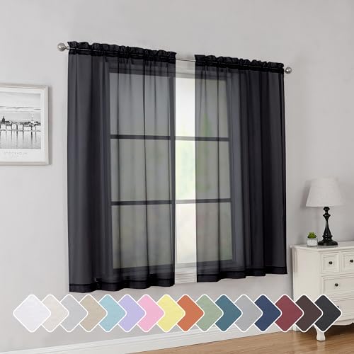 Simplebrand Rod Pocket Top Solid Voile Sheer Curtains for Bedroom, 54 Inch Length Drapes Set of 2, Lightweight and Light Filtering Elegant Black Curtains Panels Window Treatment, 42W??54L, Black