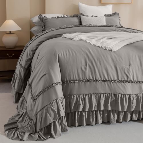 Masaca Grey Oversized King Comforter Set 128x120,Shabby Boho Chic Ruffle Bedding Comforter Extra Large King Size,French Country Rustic Farmhouse Bedding 3PCS (1 Ruffled Comforter+2 Pillow Shams)