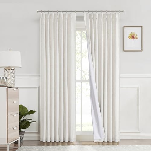 "Pinch Pleat Full Blackout Curtain Panel Linen Texture Thermal Insulated Drapery with Full Blackout Liner for Farmhouse Bedroom Window Treatment Sets with Hooks, Natural, 40""x108""x2"