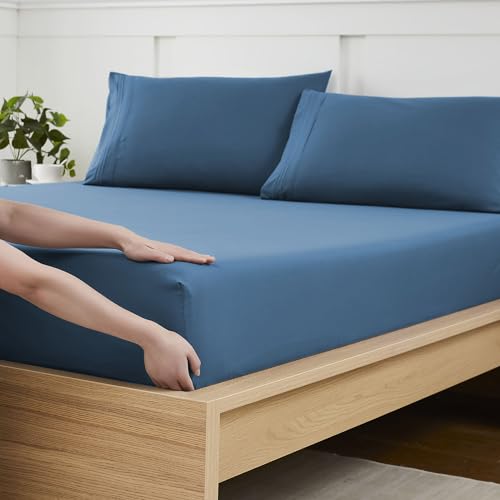 King Size Fitted Sheet Only with Full Elastic & Built in Corner Sheet Straps to Prevent Shifting - Soft & Breathable Brushed Microfiber Bottom Sheet, King, Denim Blue