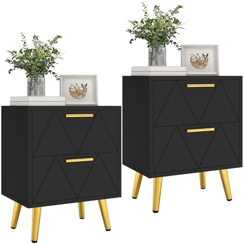 YITAHOME 2-Drawer Bedside Table Set of 2, Small Bedside Storage Cabinet  with Storage, Nightstand End Table for Living Room Bedroom Office, Black &  Gold, 40x30x52cm, Black & Gold by Amazon | uFurnish.com