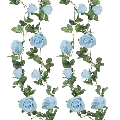 Felice Arts 2 Pack Light Blue Artificial Floral Garland Each 6.5FT Fake Rose Vine Hanging Rose Garland for Wedding Flowers Table Centerpiece Arrangement Room Teepee Mirror Decor