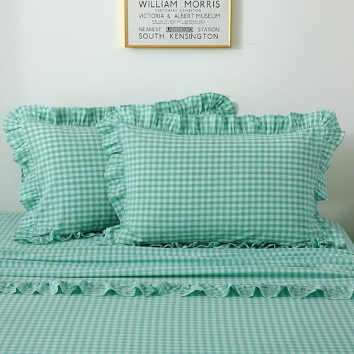 K MASANIJI 2 Pack Spa Blue White Plaid Ruffle Gingham King Size Pillow Shams, 100% Washed Cotton Checkered Farmhouse Decorative Pillow Covers for Bed/Sofa Envelope Closure - 20''x36''