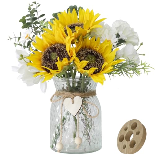Leftover Faux Flowers in vase,Table centerpieces for Dining Room,White-Yellow Sunflower Flower centerpieces for Tables