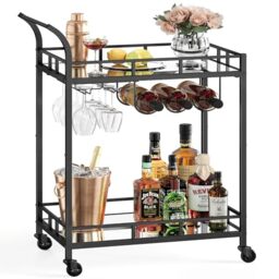 VASAGLE Drinks Trolley, Bar Cart, Serving Trolley with 2 Mirrored Shelves, Wine Holders, Glass Holders, for Home Bar, Kitchen, Dining Room, Black LRC092B62