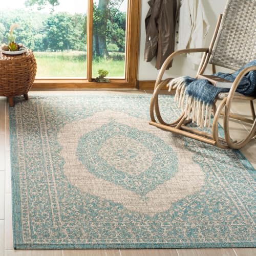 Safavieh Contemporary Indoor/Outdoor Woven Rectangle Area Rug, Courtyard Collection, CY8751, in Light Grey / Aqua, 201 X 290 cm for Garden, Patio or Any Outdoor Space