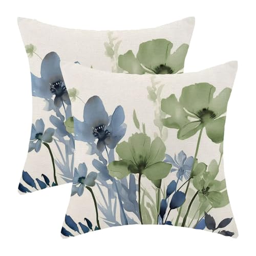 AEIOAE Spring Floral Pillow Covers 18 x 18 Inch Set of 2, Navy Blue Sage Green Flower Decorative Throw Pillow Covers Outdoor Linen Farmhouse Decor Pillowcase for Home Sofa